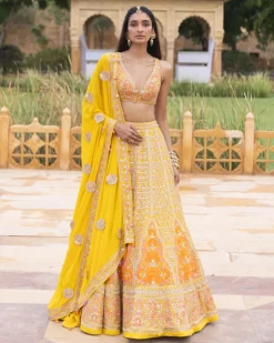 Yellow Colourful Mirror Embroidered Lehenga Set