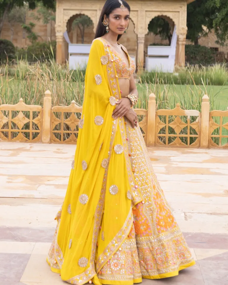 Yellow Colourful Mirror Embroidered Lehenga Set