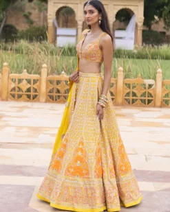 Yellow Colourful Mirror Embroidered Lehenga Set