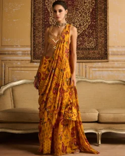 Yellow Embroidered Blouse And Sharara Sari Set