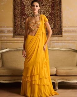 Yellow Embroidered Blouse And Skirt Sari Set