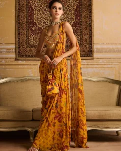 Yellow Embroidered Blouse And Sharara Sari Set