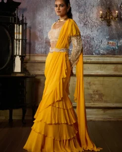 Yellow Embroidered Blouse And Ruffle Sari Set