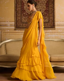 Yellow Embroidered Blouse And Skirt Sari Set