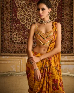 Yellow Embroidered Blouse And Sharara Sari Set