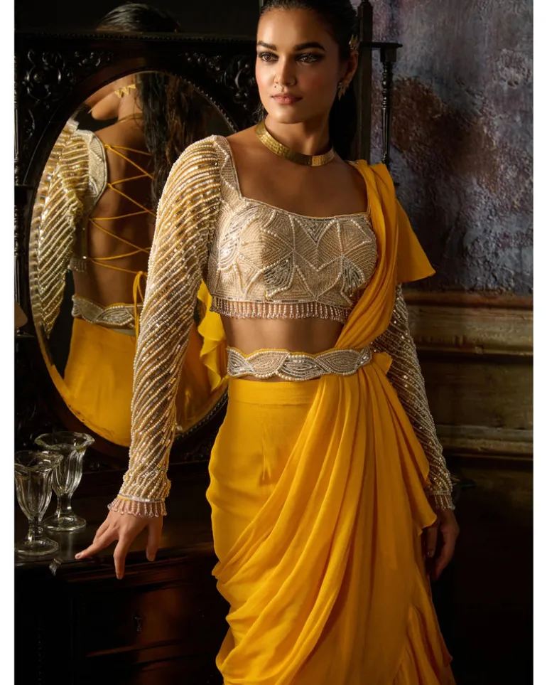 Yellow Embroidered Blouse And Ruffle Sari Set