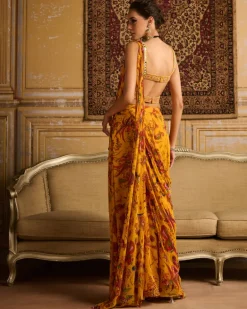 Yellow Embroidered Blouse And Sharara Sari Set