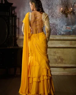 Yellow Embroidered Blouse And Ruffle Sari Set