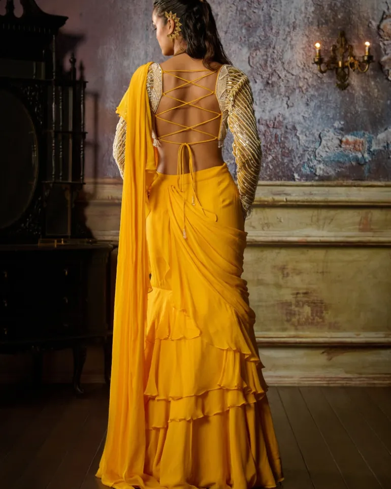 Yellow Embroidered Blouse And Ruffle Sari Set