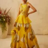 Yellow Embroidered Peplum & Dahlia Lehenga Set