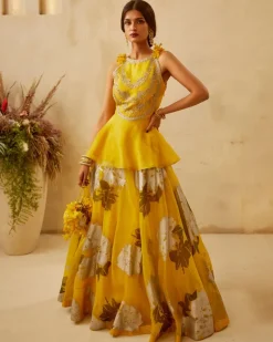 Yellow Embroidered Peplum & Dahlia Lehenga Set