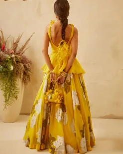 Yellow Embroidered Peplum & Dahlia Lehenga Set