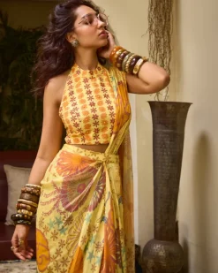 Yellow Floral Embroidery Highlight Sari Set