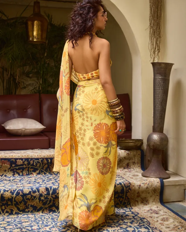 Yellow Floral Embroidery Highlight Sari Set