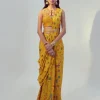 Yellow Floral Print Pre-Draped Sari Set