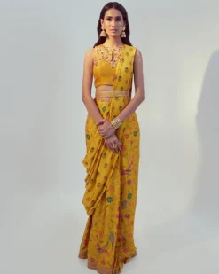 Yellow Floral Print Pre-Draped Sari Set