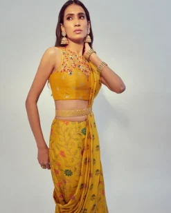 Yellow Floral Print Pre-Draped Sari Set