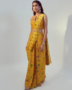 Yellow Floral Print Pre-Draped Sari Set
