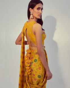Yellow Floral Print Pre-Draped Sari Set