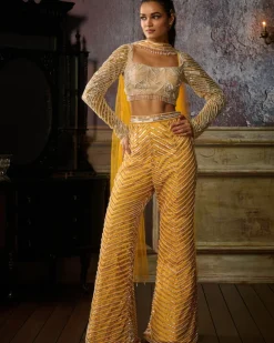 Yellow Fully Embroidered Blouse, Pant And Choker Dupatta