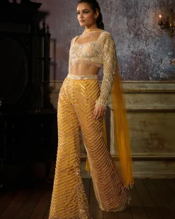 Yellow Fully Embroidered Blouse, Pant And Choker Dupatta
