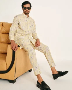Yellow Garden Rose Linen Kurta Pajama Set