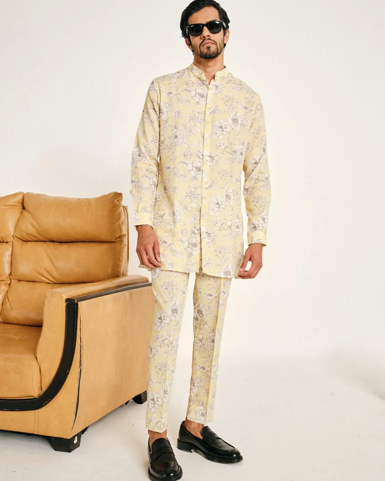 Yellow Garden Rose Linen Kurta Pajama Set