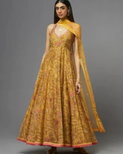 Yellow Halter Neck Printed Anarkali Set