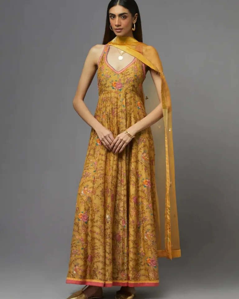 Yellow Halter Neck Printed Anarkali Set