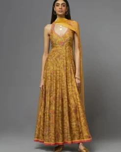Yellow Halter Neck Printed Anarkali Set