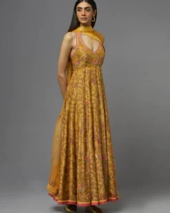 Yellow Halter Neck Printed Anarkali Set