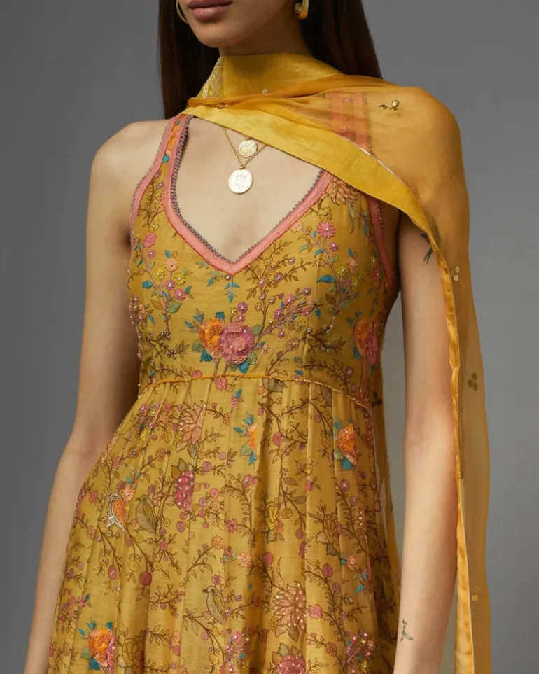 Yellow Halter Neck Printed Anarkali Set