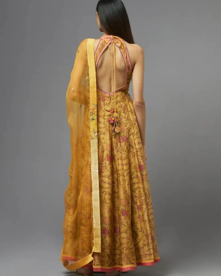 Yellow Halter Neck Printed Anarkali Set