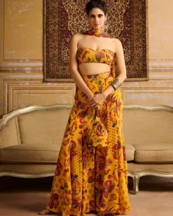 Yellow Highlighted Blouse And Sharara Set