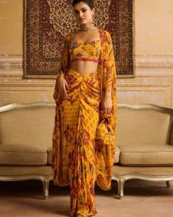 Yellow Highlighted Blouse And Cape Set