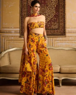 Yellow Highlighted Blouse And Sharara Set