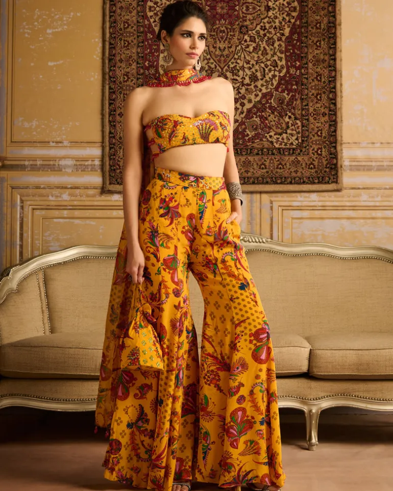 Yellow Highlighted Blouse And Sharara Set
