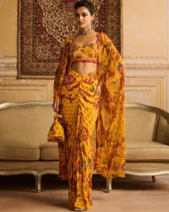 Yellow Highlighted Blouse And Cape Set