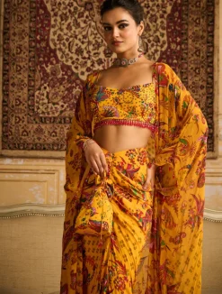 Yellow Highlighted Blouse And Cape Set