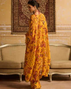 Yellow Highlighted Blouse And Cape Set