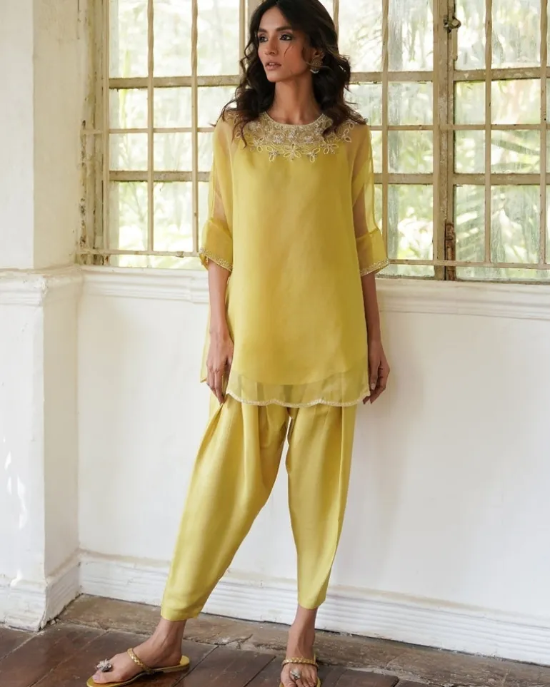 Yellow Lilly Kurta With Drape Pants