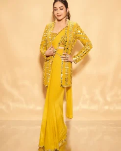 Yellow Mirror Work Stitched Sari Set