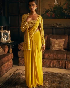 Yellow Mirror Work Stitched Sari Set