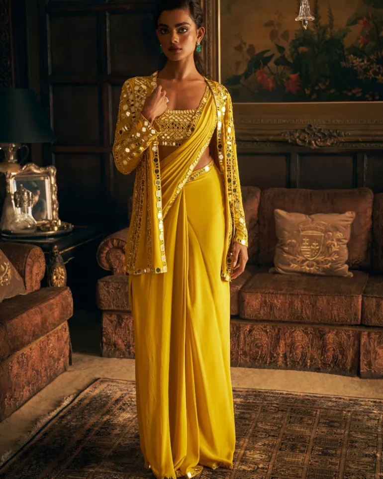 Yellow Mirror Work Stitched Sari Set