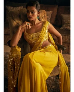 Yellow Mirror Work Stitched Sari Set