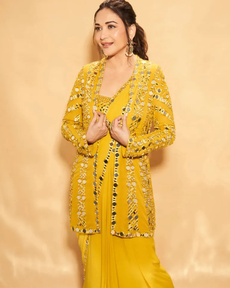 Yellow Mirror Work Stitched Sari Set