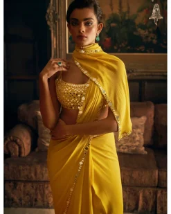 Yellow Mirror Work Stitched Sari Set
