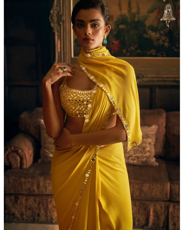 Yellow Mirror Work Stitched Sari Set