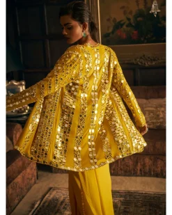 Yellow Mirror Work Stitched Sari Set