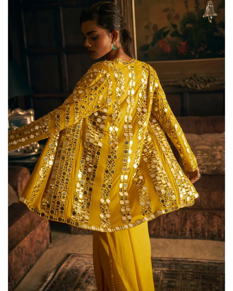 Yellow Mirror Work Stitched Sari Set